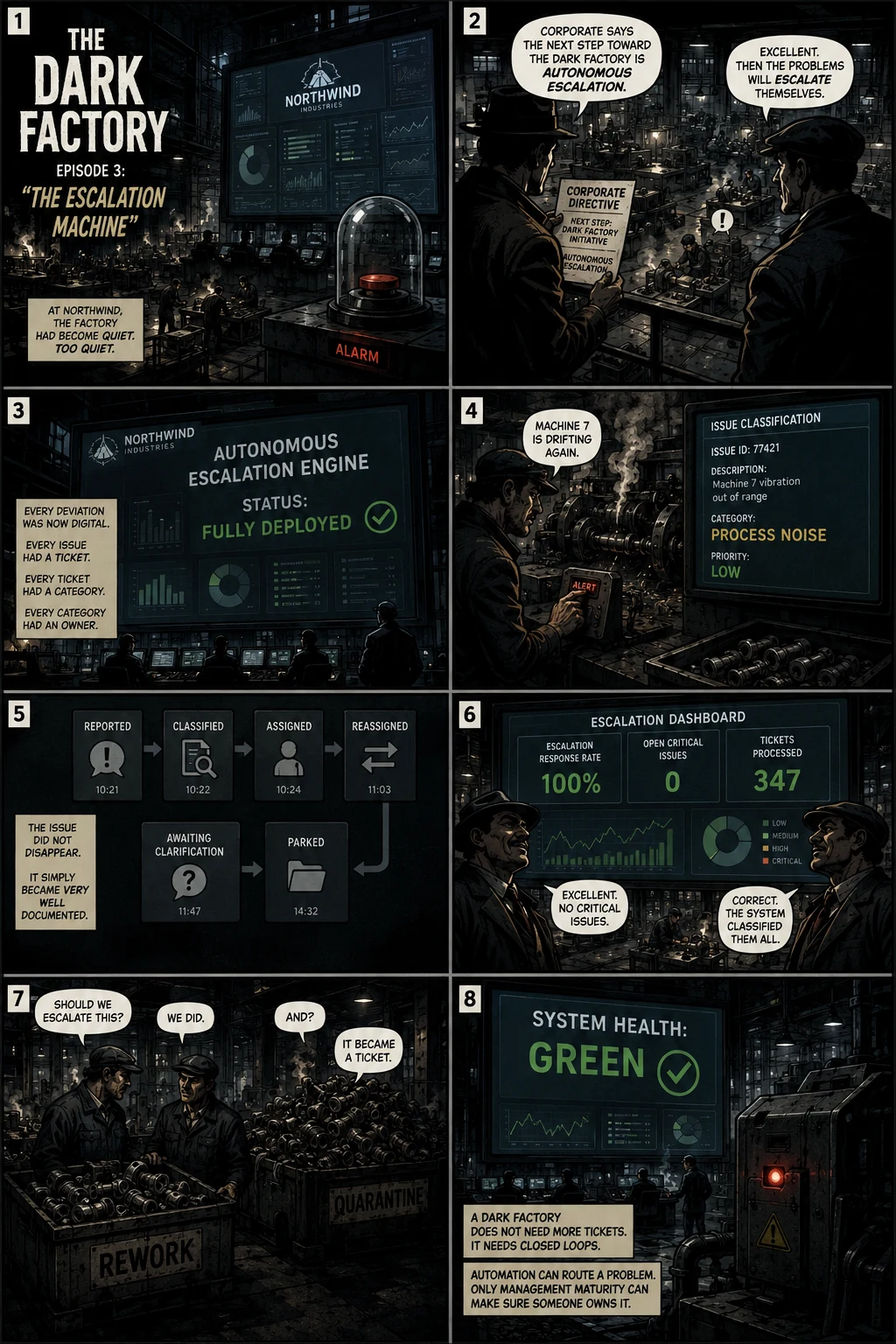 Cover and comic panels for Episode 3: The Escalation Machine